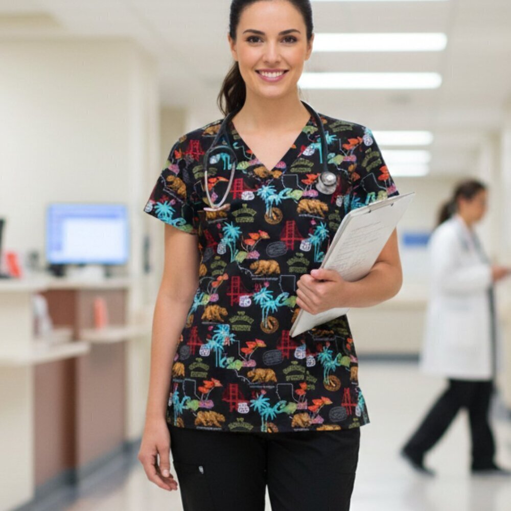 California Bear & Route 66 Print Scrub Top - Size Small
